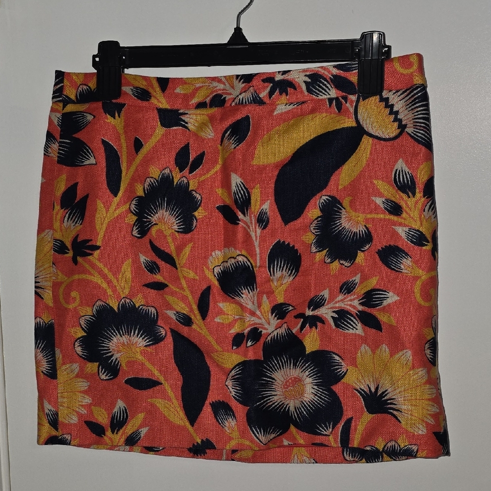 J. Crew Coral Floral Mini Skirt with Navy & Yellow Motif